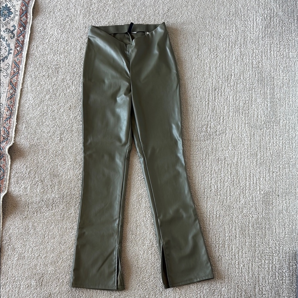Olive Green Faux Leather Flared Pants